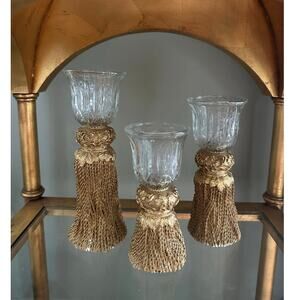 Set of 3 Candle Holders gold tassel glass Votive ornate decor